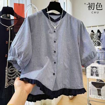 初色 法式木耳邊撞色條紋圓領短袖寬鬆襯衫上衣女上衣-藍條紋-14325(M-2XL可選)