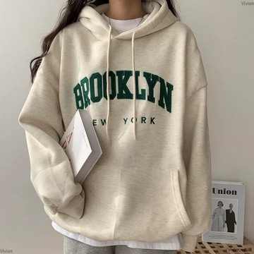刺繡字母衛衣女士連帽年寬鬆春秋冬加厚加絨外套大碼上衣
