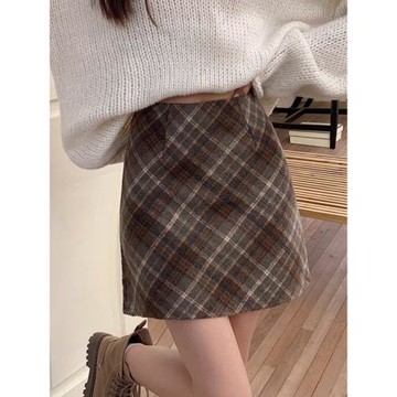 毛呢格子半身裙女2025秋冬新款復古高腰顯瘦a字裙包臀裙格紋短裙