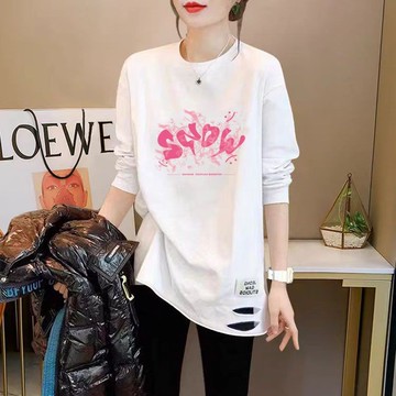 衣時尚 上衣 長袖t卹 T恤衫 打底衫 印花T卹 中大尺碼M-4XL新款寬鬆顯瘦中長款遮屁股破洞上衣-6014.