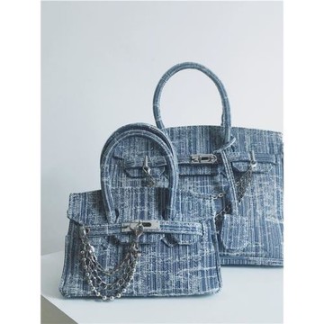 網紅同款牛仔布鉑金包凱莉包大容量時尚休閑女包手提單肩包斜挎包