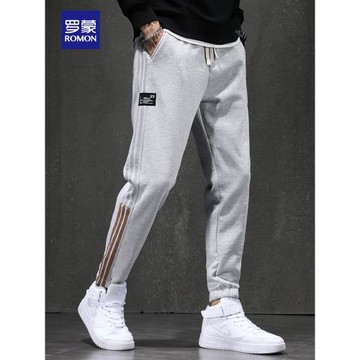 羅蒙男士衛褲春秋季新款條紋寬松束腳青少年灰色運動休閑長褲子男