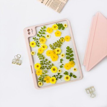 黃色雛菊綠葉壓花 iPad 保護殼 iPad Air 1in 13in iPad Pro 11in