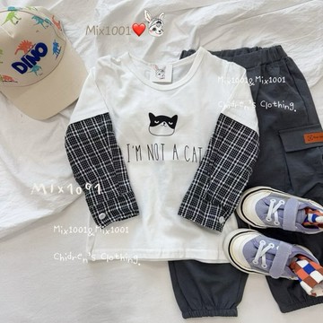 🌈✨mix1001一隻貓❤️壞笑標籤小貓上衣 ✨兒童 造型接袖小貓上衣5-17