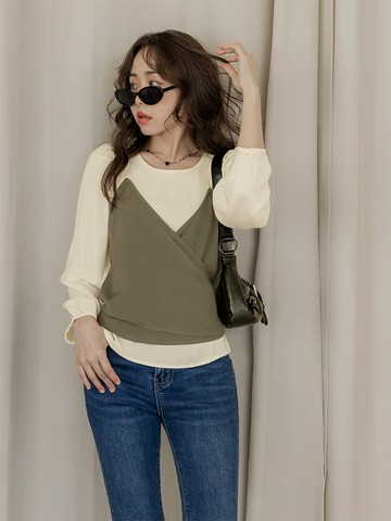 假兩件不易皺交叉綁帶背心上衣