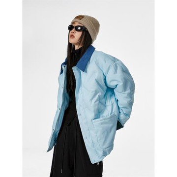 ICH MODE美式復古藍色棉服女2025新款秋冬季夾棉輕薄棉襖棉衣外套