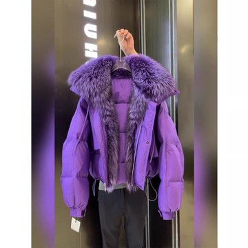 高級感炸街真毛領連帽紫色短款羽絨服女冬季2024新款設計師款外套