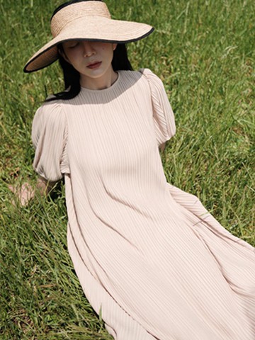 Pleats Balloon Dress [Black/Ivory/Beige]