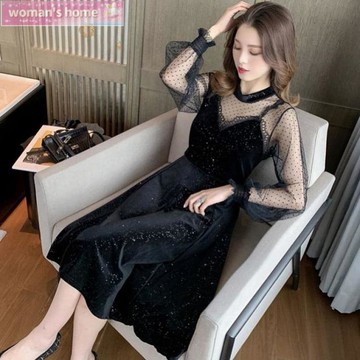 亮片洋裝 絲絨打底連身裙女中長款假兩件網紗拼接韓版學生字裙新款