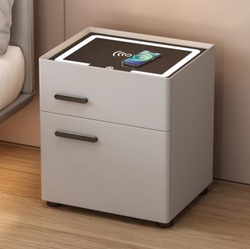 淺灰色 智能床頭櫃 帶保險櫃多功能實木家用 無線充電輕奢臥室新款小床邊櫃