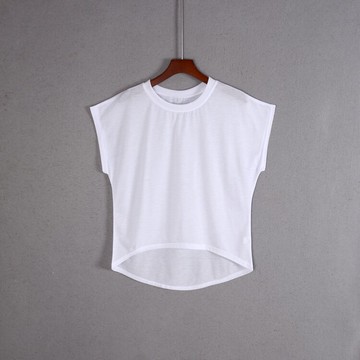 女短袖寬松圓領純色棉通勤簡約外貿尾單T恤前短后長