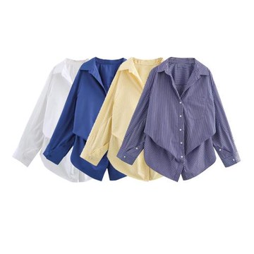 2025年春季新款女裝 歐美風棉質蝙蝠袖條紋翻領長袖襯衫 2020458