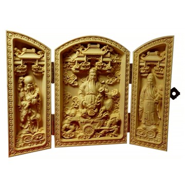 黃楊木佛龕  高10 x 寬5 x 展開13cm  福祿壽三仙