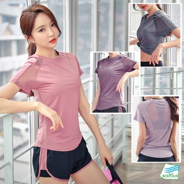 【BODYAIR】性感美背肩拼紗上衣(瑜珈.慢跑.運動.健身.透氣.舞蹈.運動服)