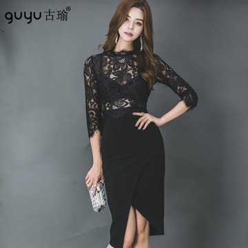 透視性感黑色蕾絲洋裝七分袖及膝包臀連身裙 S-XL 顯瘦 宴會禮服