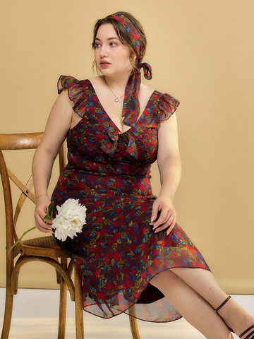 Kora 印花蕾絲袖中長大碼洋裝