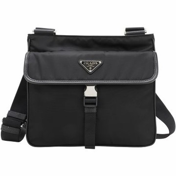 PRADA 普拉達 Re-Nylon 三角牌單扣尼龍防刮皮邊拉鍊斜背包(黑色)