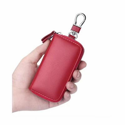 本革カーキーホルダーバッグ キーチェーンケース 財布 フック8個付き ファスナー開閉 男女兼用, レッド, 4.5x2.5x0.9 inches