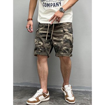 吾愛潮美式休閑軍旅迷彩工裝口袋五分褲2021水洗純棉抽繩時尚短褲