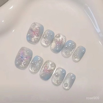 ✨Hannah✨新款冰藍蝴蝶暈染細閃珍珠僊氣顯白學生短款純手工美穿戴甲假指甲純手工穿戴甲 NWD1