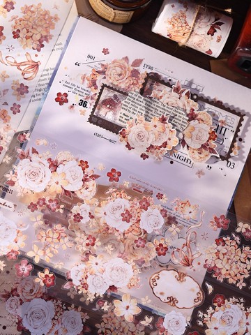 茶染 輕復古紅棕色花卉 和紙 PET 模切手帳膠帶 手帳拼貼