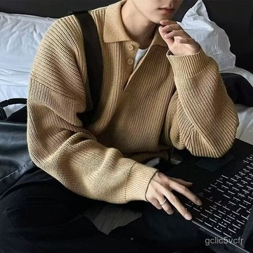 日係慵懶Polo毛綫衣男款美式複古港風純色針織衫翻領寬鬆毛衣休閒  針織毛線衫 針織毛衣男 長袖針織毛衣男 針織衫