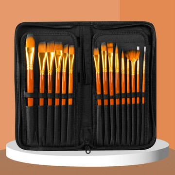 跨境專供15支尼龍毛油畫筆 美術繪畫水粉丙烯顏料畫筆帆布包套裝【益三和】可開發票