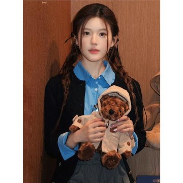 趙露思同款衣服藍色短款襯衫上衣女早秋季新款設計感疊穿開衫毛衣