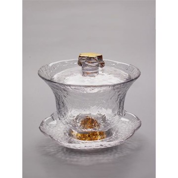 手工日式玻璃蓋碗耐熱三才蓋碗泡茶器描金手繪錘目紋加厚蓋碗大號