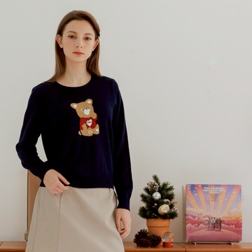 【CUMAR】愛心小熊緹織圓領針織上衣 藍 粉 灰(魅力商品)