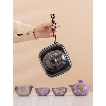 臻堯紫色手抓壺手繪牡丹花手工女士單壺戶外功夫旅行茶具快客杯