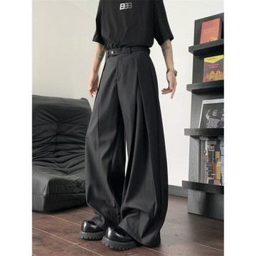 高級感褶皺直筒西褲男設計感解構垂感拖地褲顯瘦百搭廓形休閑長褲