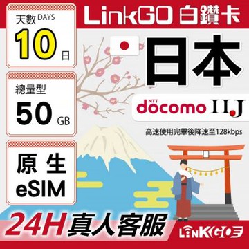 LINKGO白鑽卡 日本原生 eSIM卡 DOCOMO/IIJ 10天 總量型50GB(日本網卡 東京 大阪 福岡 北海道 沖繩)