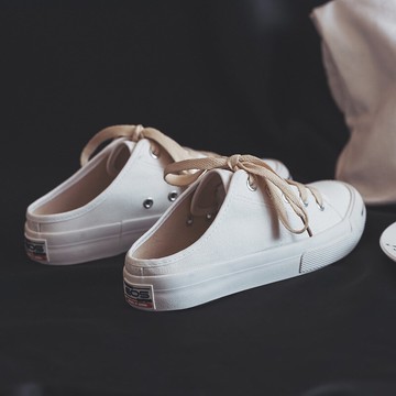 2022新款無跟帆布鞋女鞋子女夏季小白鞋懶人鞋女一腳蹬半拖小白鞋