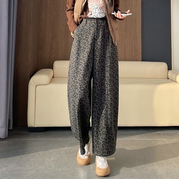 S-4XL 加絨加厚 豹紋 闊腿褲女 後鬆緊 秋冬新款 高腰顯瘦 寬鬆直筒 休閒褲