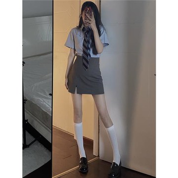 韓式a字織帶開叉半身裙/鹽漬青梅jk/顯瘦短裙女 高腰小個子學院風