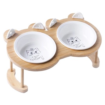 貓耳勺木架陶瓷碗 雙碗 (附勺子)  白貓  1個