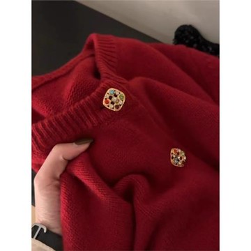 針織羊絨開衫女時尚山羊絨上衣圓領紅色本命年高級感軟糯毛衣外套