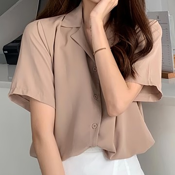 短袖襯衫 棉+聚酯纖維材質  48cm + 袖長22cm + 全長55cm + 肩寬37cm  淺咖  1件