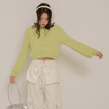 仿貂毛泡泡袖上衣-綠【KT222869】