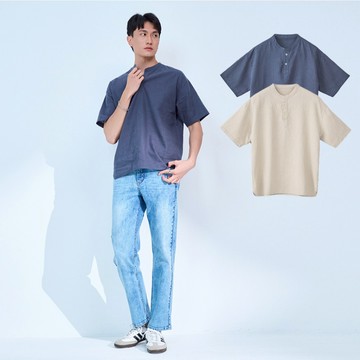 【ERSS】 男裝 襯衫男 短袖 短袖襯衫 棉麻 亞麻 鈕扣 藍【K40056】