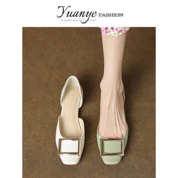 原野Yuanye●南法假日！真皮百搭方頭方扣平底鞋春秋新款中空單鞋