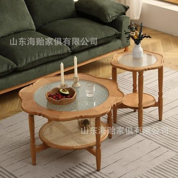 復古櫻桃實木茶幾簡約客廳家具中古風小戶型圓幾海棠玻璃花邊茶幾