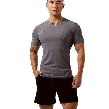 肌肉運動半緊身健身短袖男士籃球秋跑步訓練素色條紋彈力運動T恤