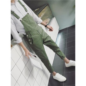 夏季寬松背帶褲男士九分褲韓版潮流青少年休閑吊帶工裝連體哈倫褲