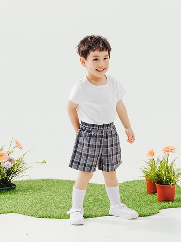 日系格紋彈力鬆緊腰短褲