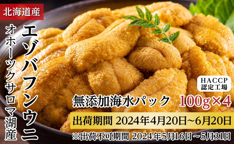 サロマ湖産 無添加 バフンウニ 400g（100g×4）海水パック［2024年4月下旬出荷開始先行予約］ 北海道 オホーツク 佐呂間町 ウニ うに 海鮮