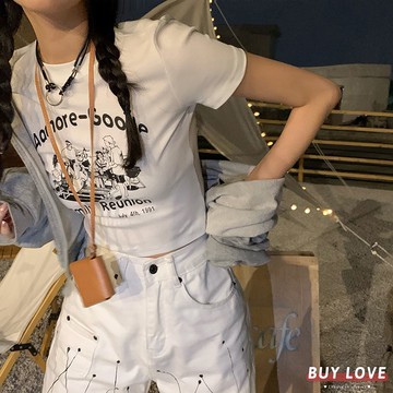 【買到戀愛】隔日到貨  小人物印花短版上衣 顯瘦上衣 女上衣 短袖t恤 短T 素T 女裝 寬鬆上衣【FT0883】