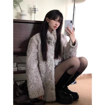 小火山月影少女立領染尖環保皮草加厚大衣皮毛一體羊羔毛外套女冬