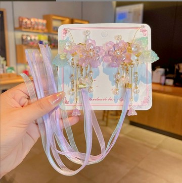love, charlotte - 仙氣粉嫩花朵雪紡長飄帶吊墜髮飾對夾-淡紫色
